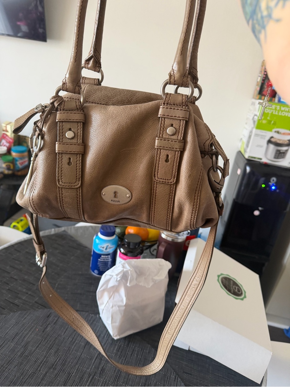 Fossil Taupe Pebbled Leather Shoulder Bag